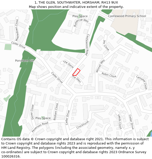 1, THE GLEN, SOUTHWATER, HORSHAM, RH13 9UX: Location map and indicative extent of plot
