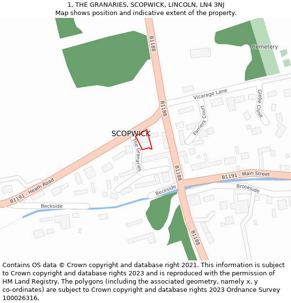 1, THE GRANARIES, SCOPWICK, LINCOLN, LN4 3NJ: Location map and indicative extent of plot
