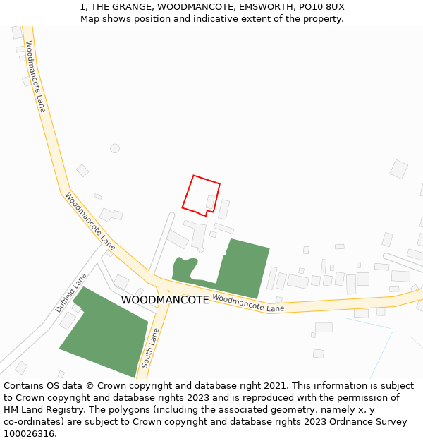 1, THE GRANGE, WOODMANCOTE, EMSWORTH, PO10 8UX: Location map and indicative extent of plot