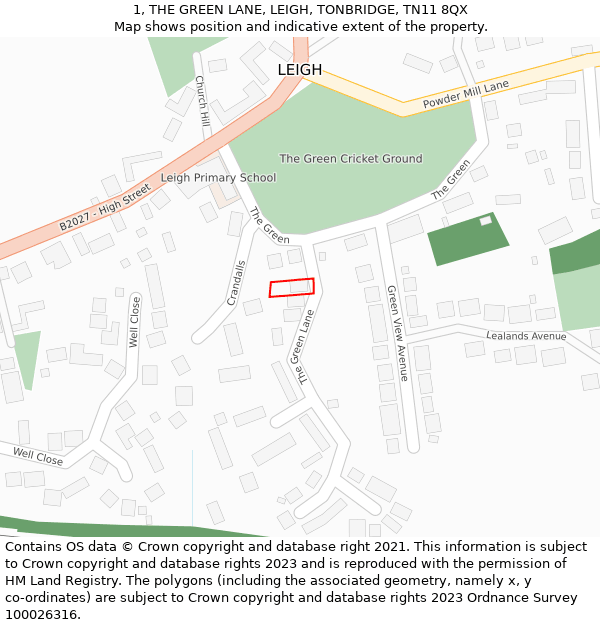 1, THE GREEN LANE, LEIGH, TONBRIDGE, TN11 8QX: Location map and indicative extent of plot