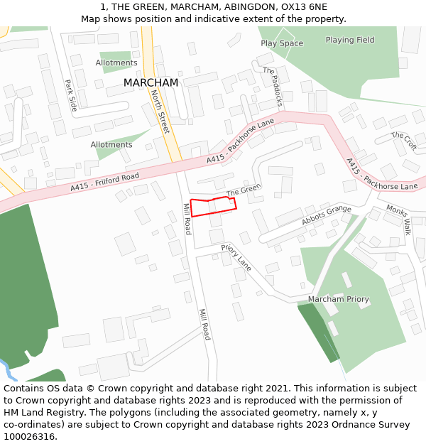 1, THE GREEN, MARCHAM, ABINGDON, OX13 6NE: Location map and indicative extent of plot