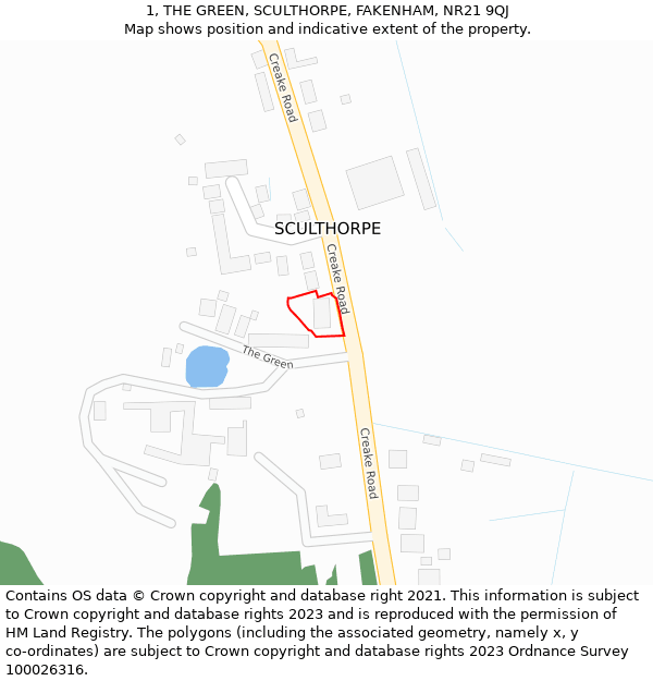 1, THE GREEN, SCULTHORPE, FAKENHAM, NR21 9QJ: Location map and indicative extent of plot