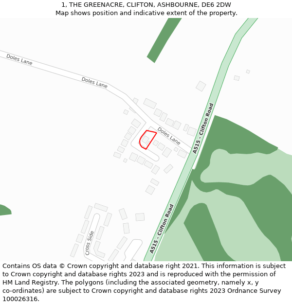 1, THE GREENACRE, CLIFTON, ASHBOURNE, DE6 2DW: Location map and indicative extent of plot