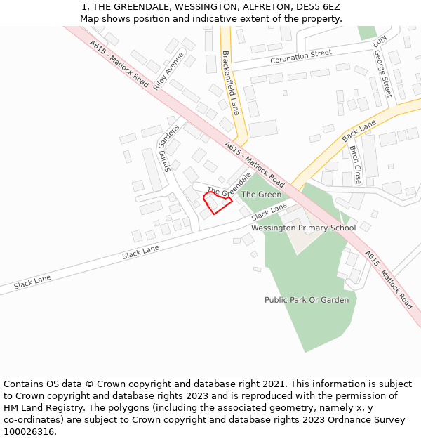 1, THE GREENDALE, WESSINGTON, ALFRETON, DE55 6EZ: Location map and indicative extent of plot