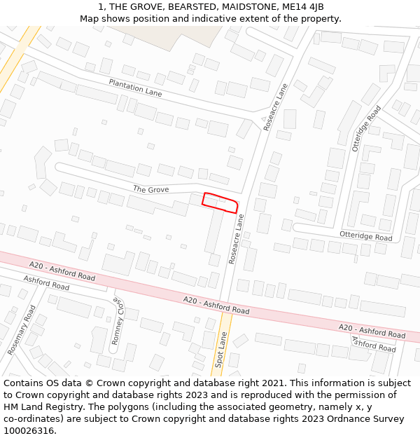 1, THE GROVE, BEARSTED, MAIDSTONE, ME14 4JB: Location map and indicative extent of plot