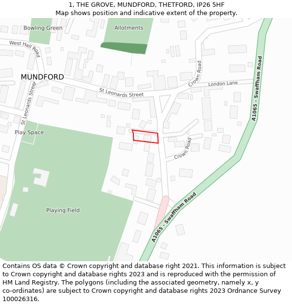 1, THE GROVE, MUNDFORD, THETFORD, IP26 5HF: Location map and indicative extent of plot