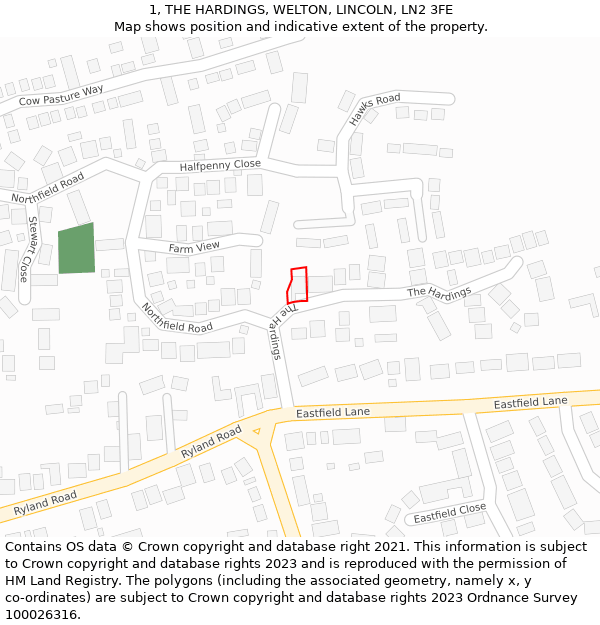 1, THE HARDINGS, WELTON, LINCOLN, LN2 3FE: Location map and indicative extent of plot