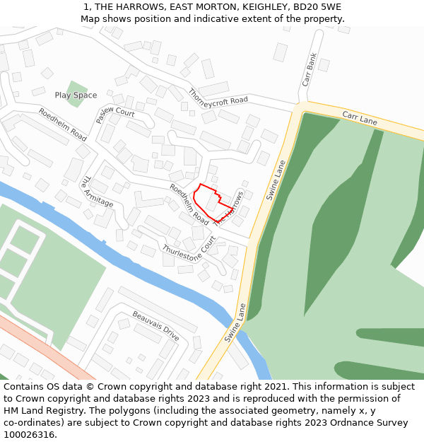 1, THE HARROWS, EAST MORTON, KEIGHLEY, BD20 5WE: Location map and indicative extent of plot