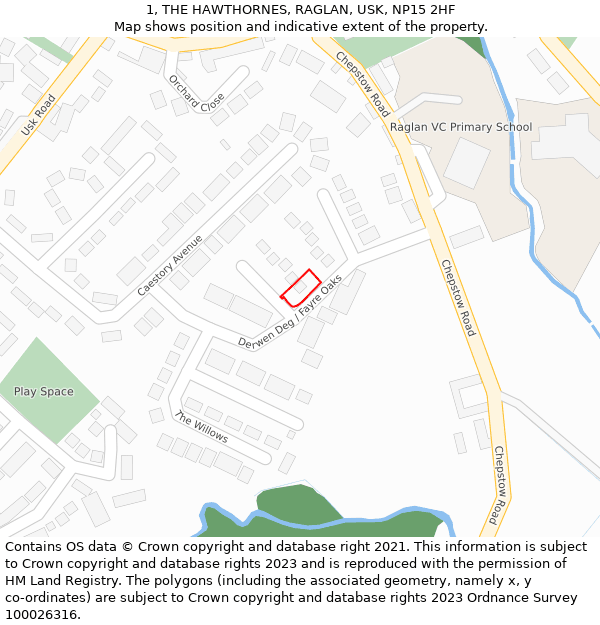 1, THE HAWTHORNES, RAGLAN, USK, NP15 2HF: Location map and indicative extent of plot