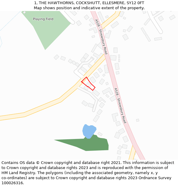 1, THE HAWTHORNS, COCKSHUTT, ELLESMERE, SY12 0FT: Location map and indicative extent of plot