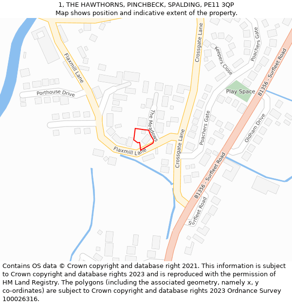 1, THE HAWTHORNS, PINCHBECK, SPALDING, PE11 3QP: Location map and indicative extent of plot
