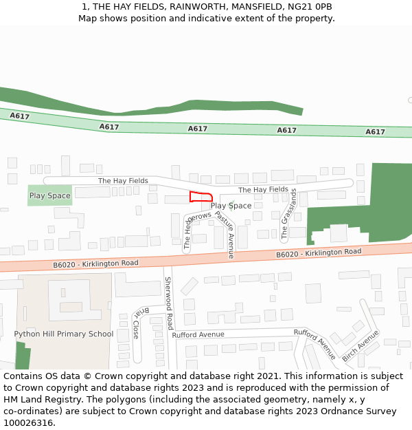 1, THE HAY FIELDS, RAINWORTH, MANSFIELD, NG21 0PB: Location map and indicative extent of plot