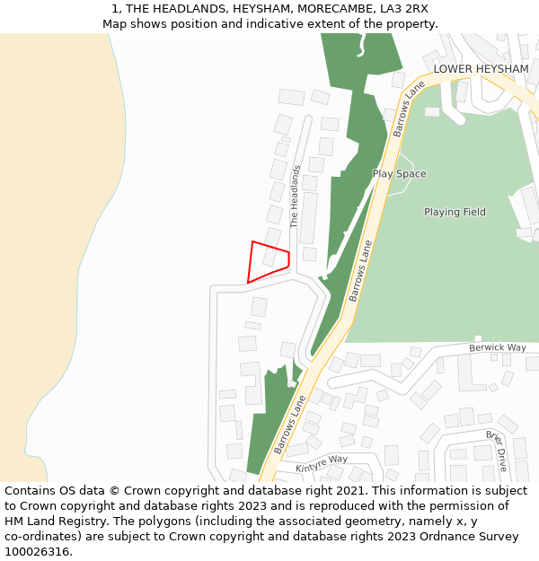 1, THE HEADLANDS, HEYSHAM, MORECAMBE, LA3 2RX: Location map and indicative extent of plot