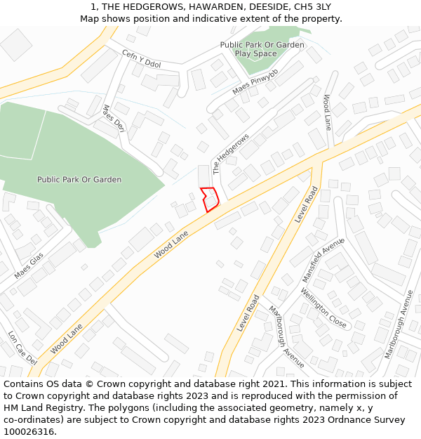 1, THE HEDGEROWS, HAWARDEN, DEESIDE, CH5 3LY: Location map and indicative extent of plot