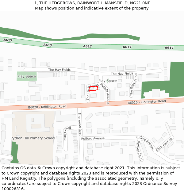 1, THE HEDGEROWS, RAINWORTH, MANSFIELD, NG21 0NE: Location map and indicative extent of plot