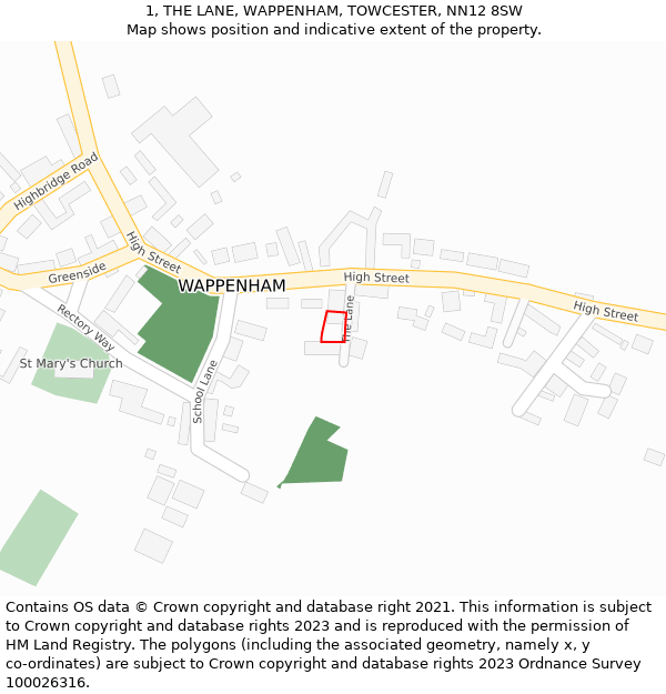 1, THE LANE, WAPPENHAM, TOWCESTER, NN12 8SW: Location map and indicative extent of plot
