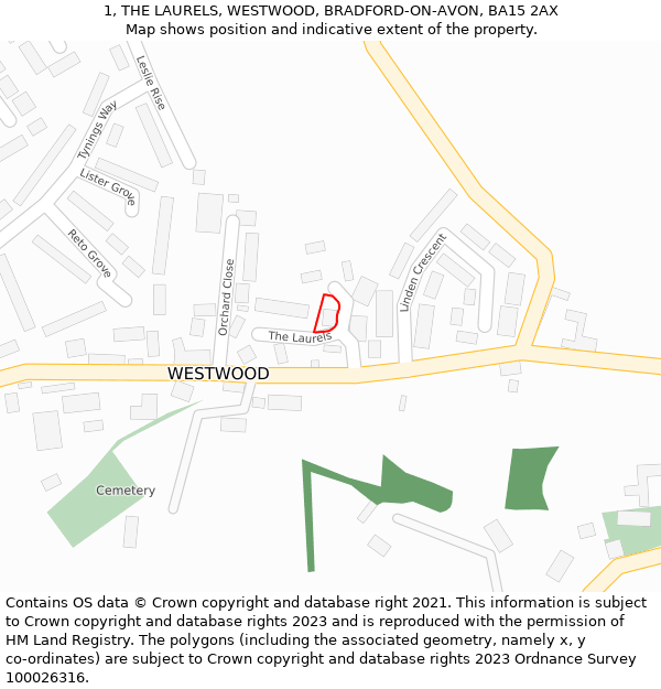 1, THE LAURELS, WESTWOOD, BRADFORD-ON-AVON, BA15 2AX: Location map and indicative extent of plot