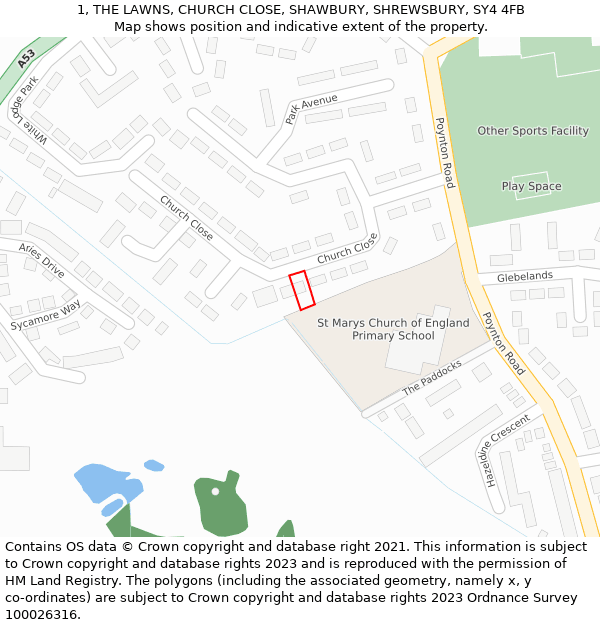 1, THE LAWNS, CHURCH CLOSE, SHAWBURY, SHREWSBURY, SY4 4FB: Location map and indicative extent of plot