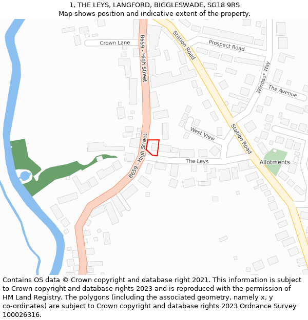 1, THE LEYS, LANGFORD, BIGGLESWADE, SG18 9RS: Location map and indicative extent of plot