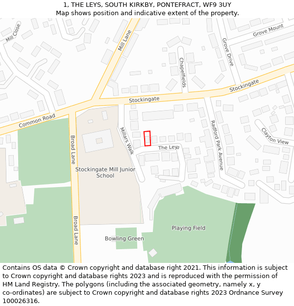 1, THE LEYS, SOUTH KIRKBY, PONTEFRACT, WF9 3UY: Location map and indicative extent of plot