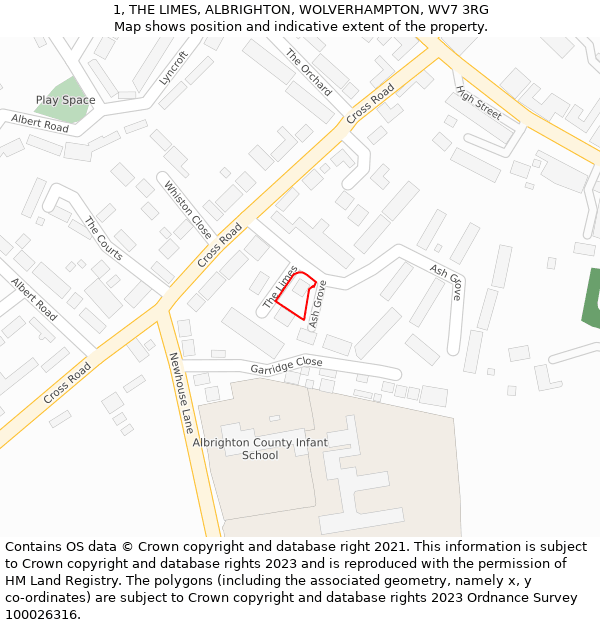 1, THE LIMES, ALBRIGHTON, WOLVERHAMPTON, WV7 3RG: Location map and indicative extent of plot