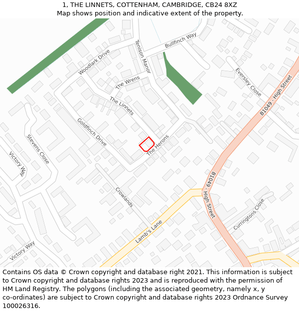 1, THE LINNETS, COTTENHAM, CAMBRIDGE, CB24 8XZ: Location map and indicative extent of plot