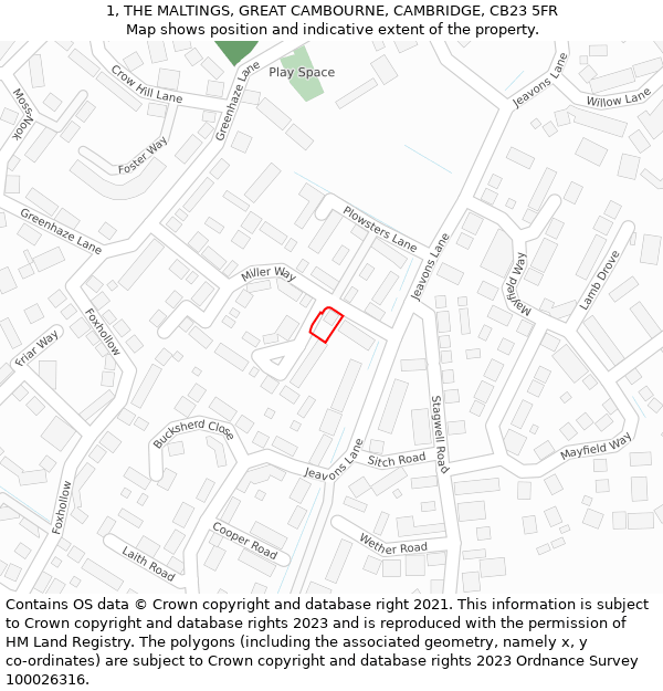 1, THE MALTINGS, GREAT CAMBOURNE, CAMBRIDGE, CB23 5FR: Location map and indicative extent of plot