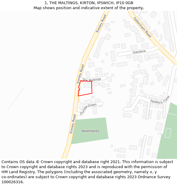 1, THE MALTINGS, KIRTON, IPSWICH, IP10 0GB: Location map and indicative extent of plot