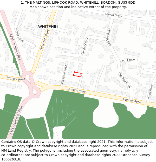 1, THE MALTINGS, LIPHOOK ROAD, WHITEHILL, BORDON, GU35 9DD: Location map and indicative extent of plot