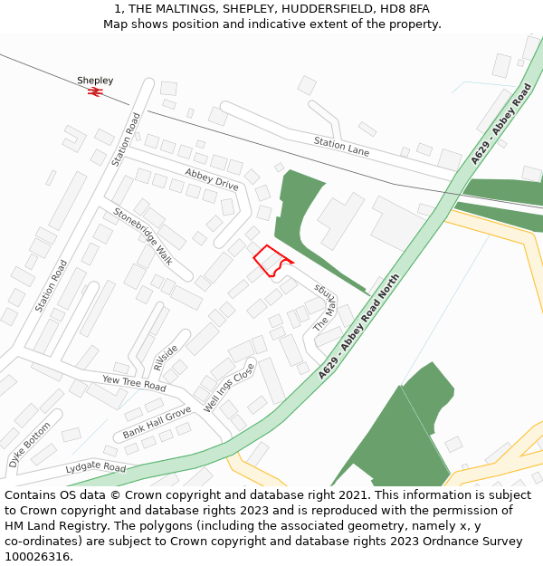 1, THE MALTINGS, SHEPLEY, HUDDERSFIELD, HD8 8FA: Location map and indicative extent of plot