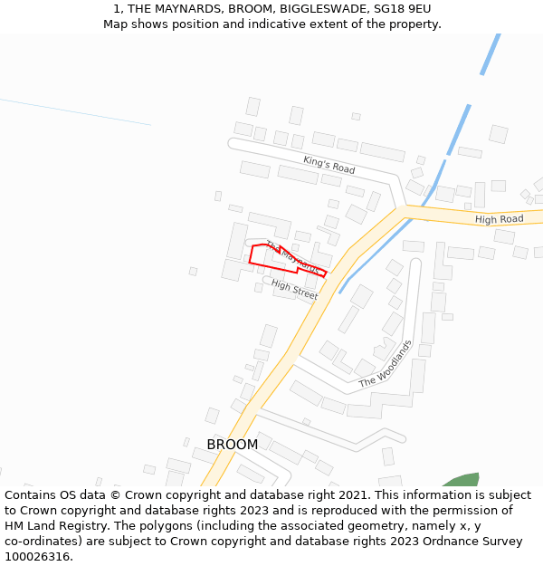 1, THE MAYNARDS, BROOM, BIGGLESWADE, SG18 9EU: Location map and indicative extent of plot