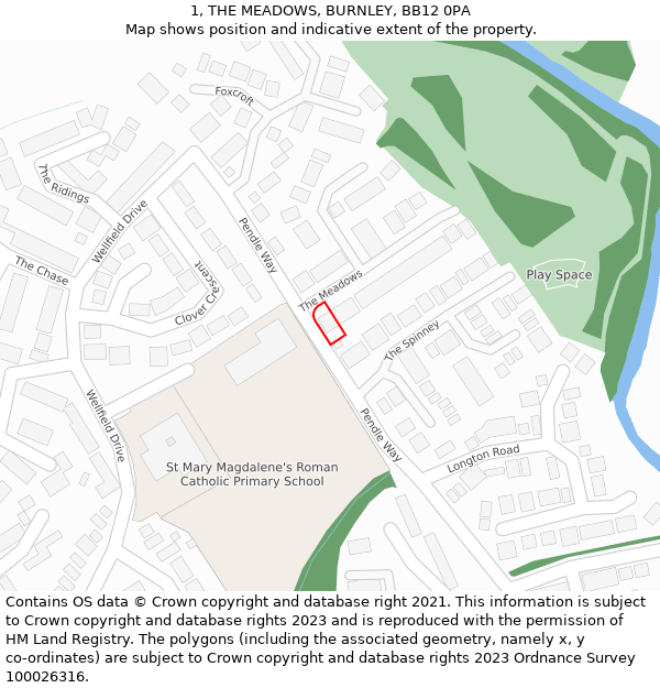 1, THE MEADOWS, BURNLEY, BB12 0PA: Location map and indicative extent of plot