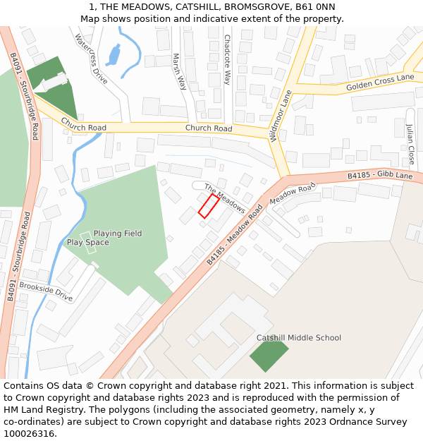 1, THE MEADOWS, CATSHILL, BROMSGROVE, B61 0NN: Location map and indicative extent of plot