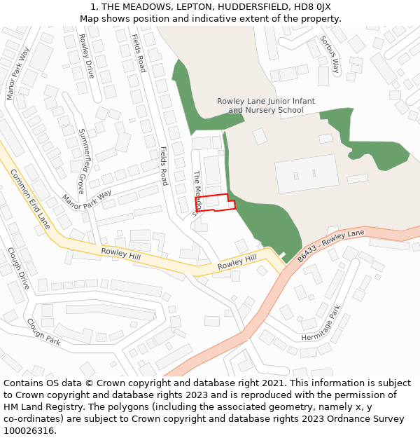1, THE MEADOWS, LEPTON, HUDDERSFIELD, HD8 0JX: Location map and indicative extent of plot