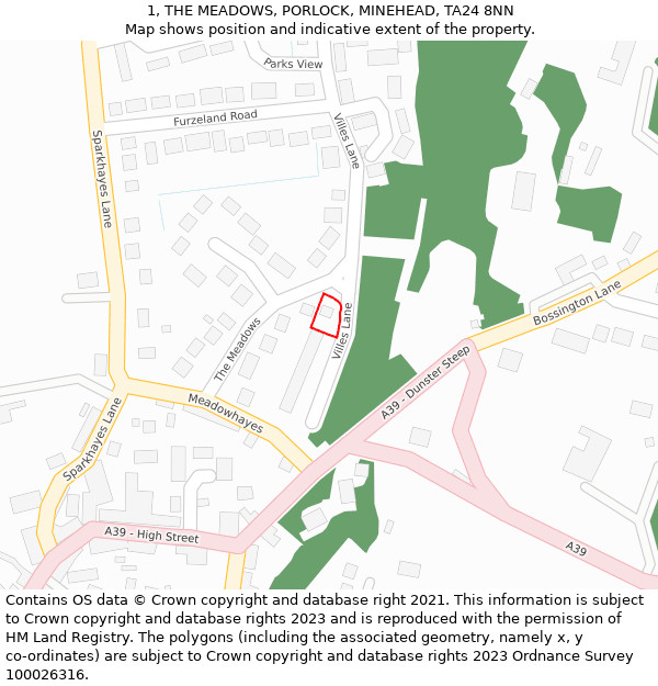 1, THE MEADOWS, PORLOCK, MINEHEAD, TA24 8NN: Location map and indicative extent of plot