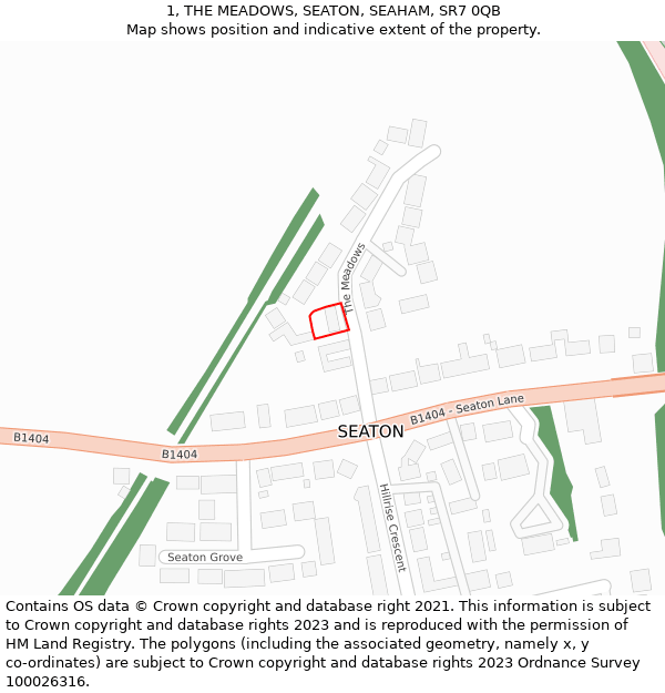 1, THE MEADOWS, SEATON, SEAHAM, SR7 0QB: Location map and indicative extent of plot