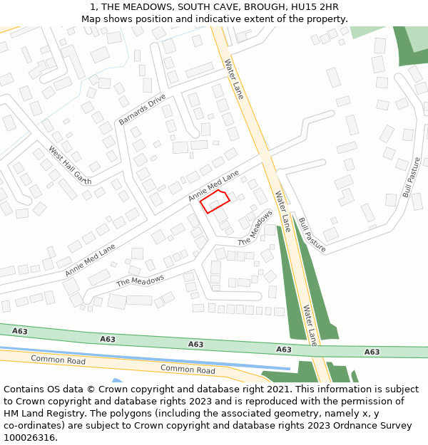 1, THE MEADOWS, SOUTH CAVE, BROUGH, HU15 2HR: Location map and indicative extent of plot