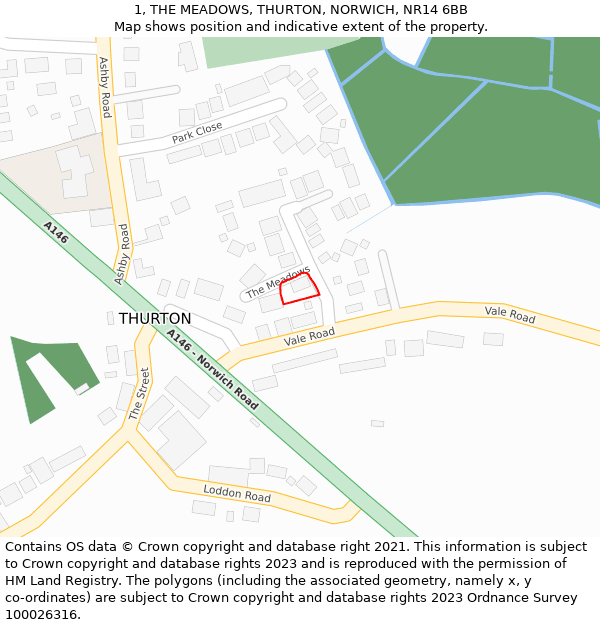 1, THE MEADOWS, THURTON, NORWICH, NR14 6BB: Location map and indicative extent of plot