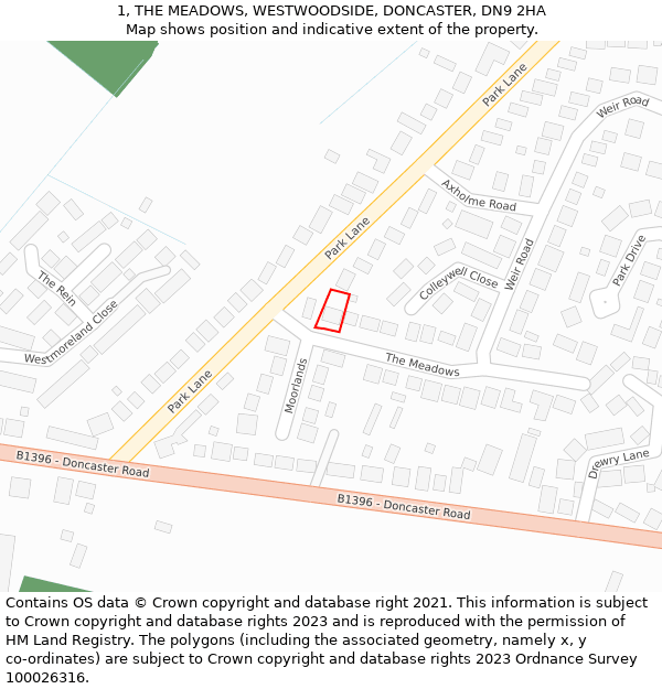 1, THE MEADOWS, WESTWOODSIDE, DONCASTER, DN9 2HA: Location map and indicative extent of plot