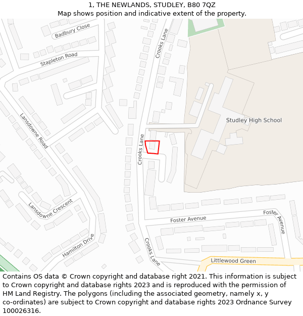1, THE NEWLANDS, STUDLEY, B80 7QZ: Location map and indicative extent of plot