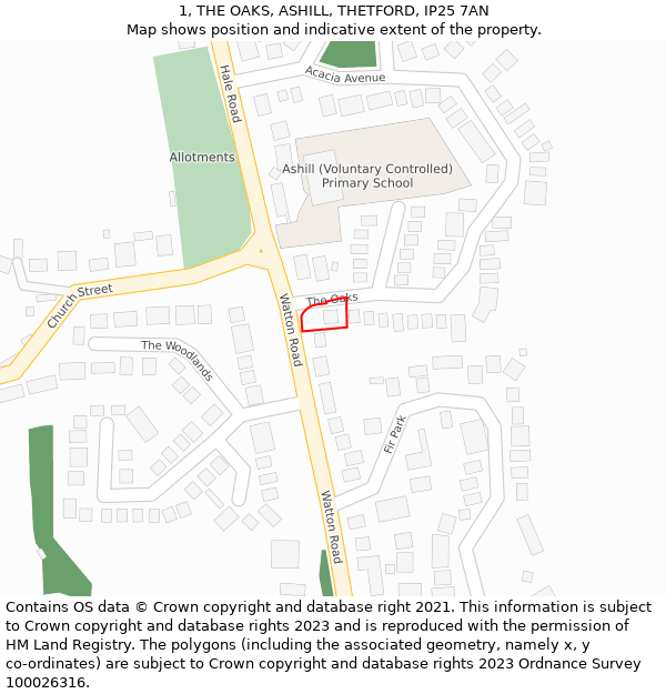 1, THE OAKS, ASHILL, THETFORD, IP25 7AN: Location map and indicative extent of plot