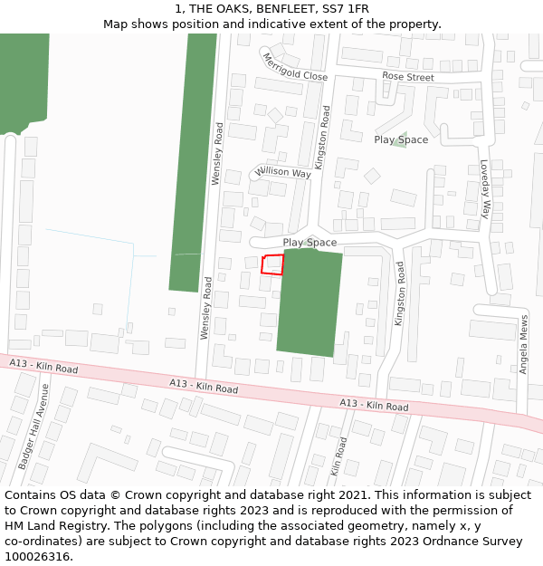 1, THE OAKS, BENFLEET, SS7 1FR: Location map and indicative extent of plot