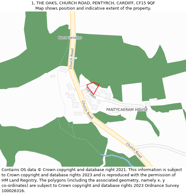 1, THE OAKS, CHURCH ROAD, PENTYRCH, CARDIFF, CF15 9QF: Location map and indicative extent of plot