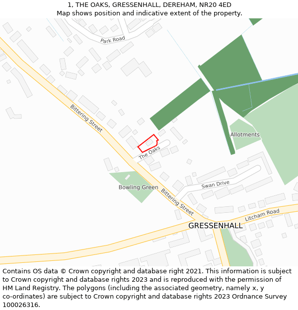 1, THE OAKS, GRESSENHALL, DEREHAM, NR20 4ED: Location map and indicative extent of plot