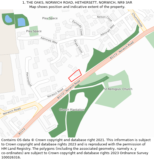 1, THE OAKS, NORWICH ROAD, HETHERSETT, NORWICH, NR9 3AR: Location map and indicative extent of plot