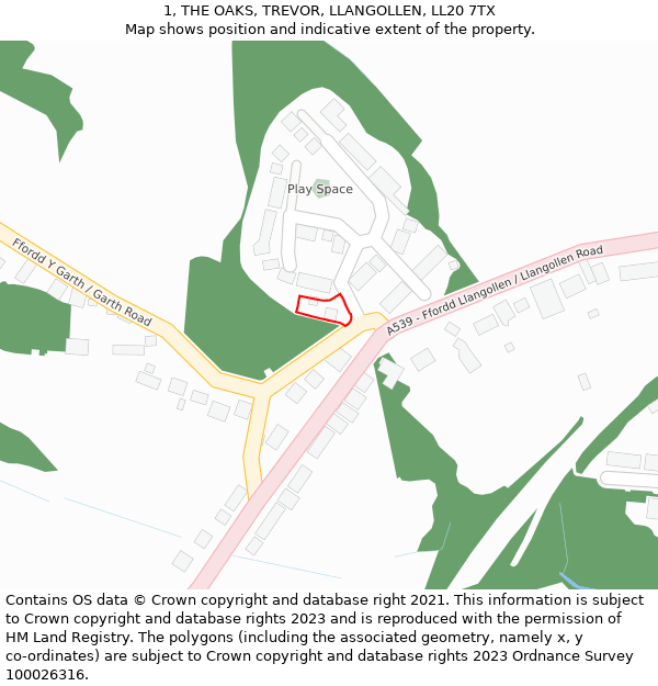 1, THE OAKS, TREVOR, LLANGOLLEN, LL20 7TX: Location map and indicative extent of plot