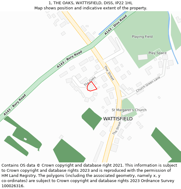 1, THE OAKS, WATTISFIELD, DISS, IP22 1HL: Location map and indicative extent of plot