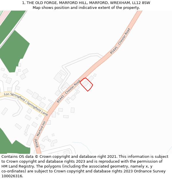 1, THE OLD FORGE, MARFORD HILL, MARFORD, WREXHAM, LL12 8SW: Location map and indicative extent of plot