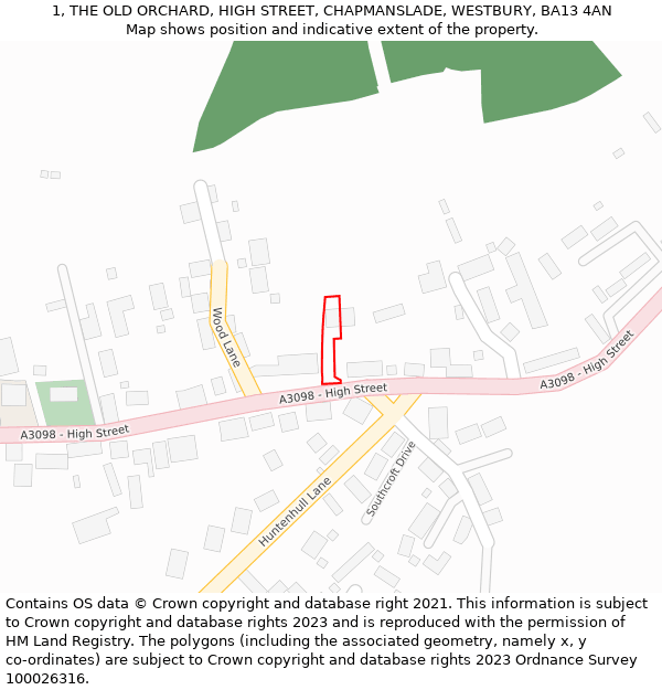 1, THE OLD ORCHARD, HIGH STREET, CHAPMANSLADE, WESTBURY, BA13 4AN: Location map and indicative extent of plot