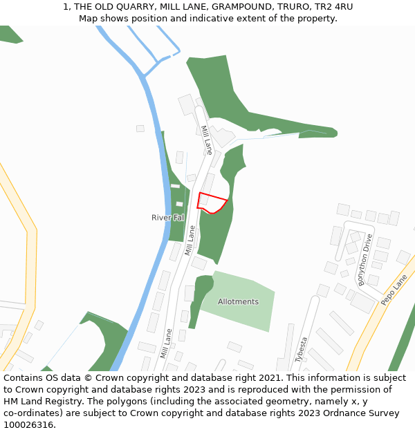 1, THE OLD QUARRY, MILL LANE, GRAMPOUND, TRURO, TR2 4RU: Location map and indicative extent of plot